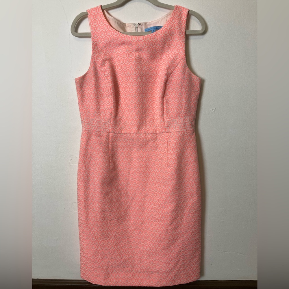 ANTONIO MELANI Sleeveless Pink Shimmer Anthemion Patterned Sheath Dress Sz 10